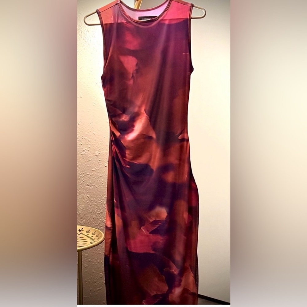 Merokeety bodycon Midi Dress, with soft purple & pink mesh overlay & ruching